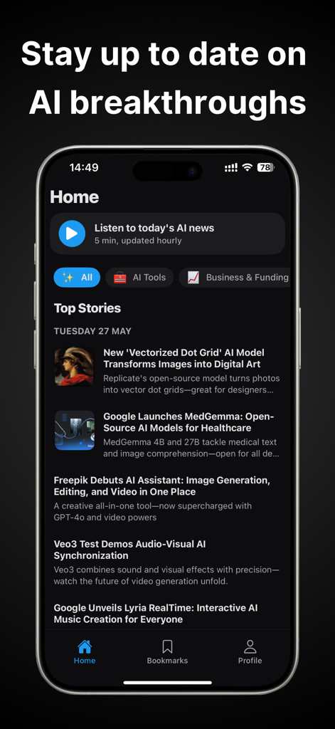 AI News: Tensor AI - Pantalla de inicio de la aplicación Tensor AI que muestra una lista de las principales noticias de IA y una opción de resumen de audio de 5 minutos.