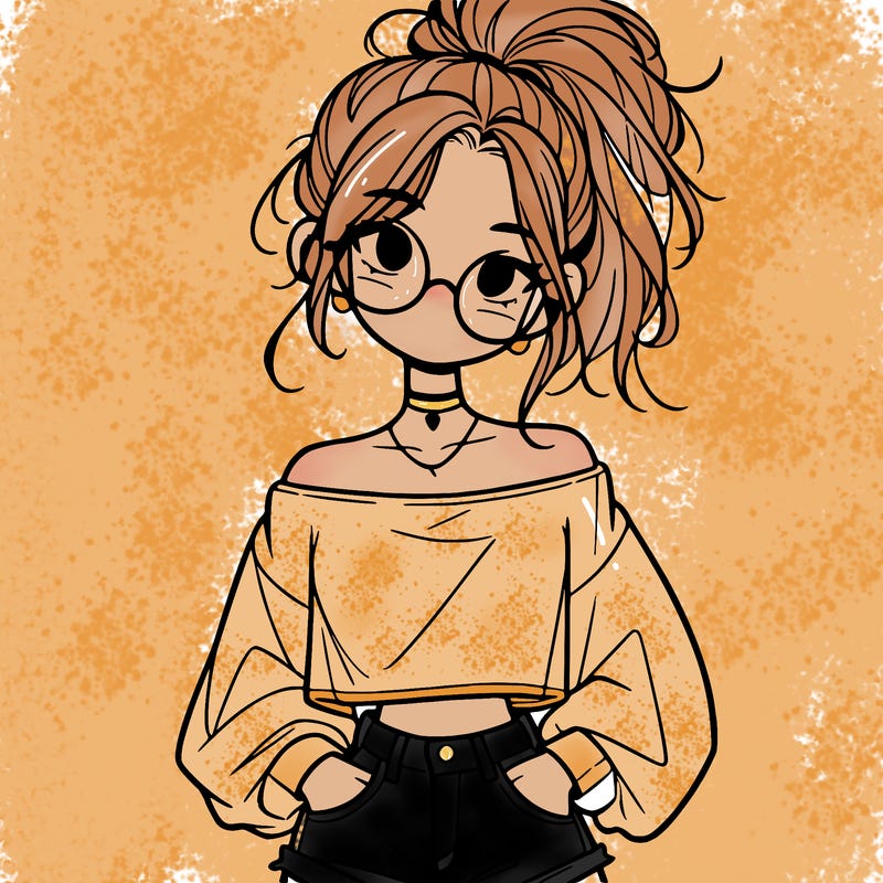 girl with a messy ponytail glasses a baggy crop top and jean shorts