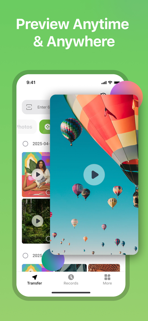 Tracover - File Transfer - Interfaccia dell'app Tracover che mostra un'anteprima video di una mongolfiera nella galleria multimediale