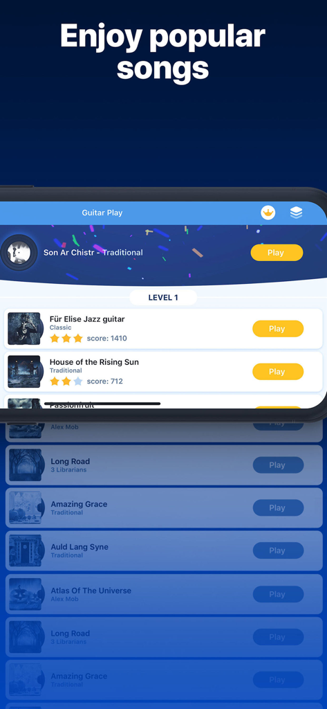 A library of popular songs available to play in the Guitar Play app