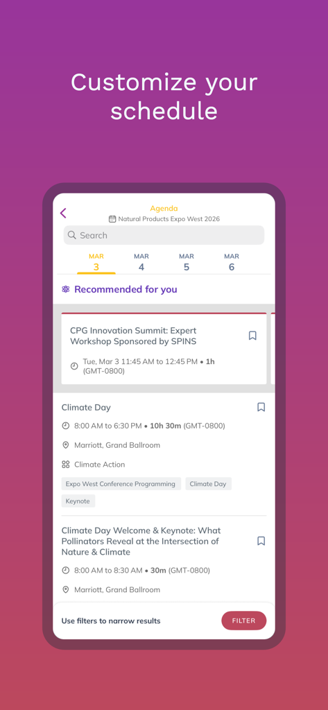 Expo West Event App - A screenshot of the Expo West Event App showing the agenda and schedule customization screen for the natural products trade show