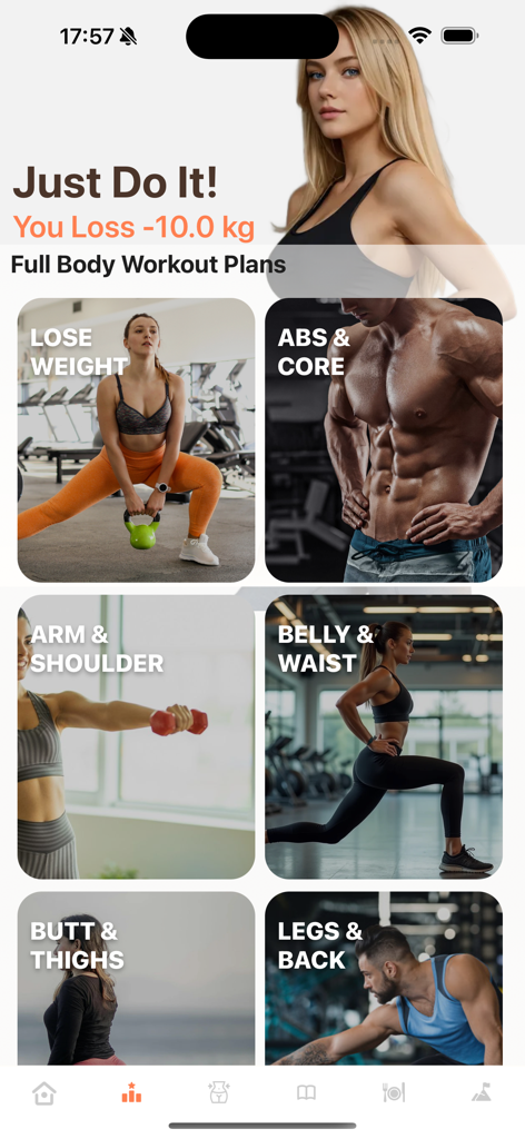 Exercise for Obesity at Home - Écran de l'application Exercice pour l'Obésité à Domicile montrant diverses catégories d'exercices, y compris Abdominaux et Sangle abdominale et Ventre et Taille.