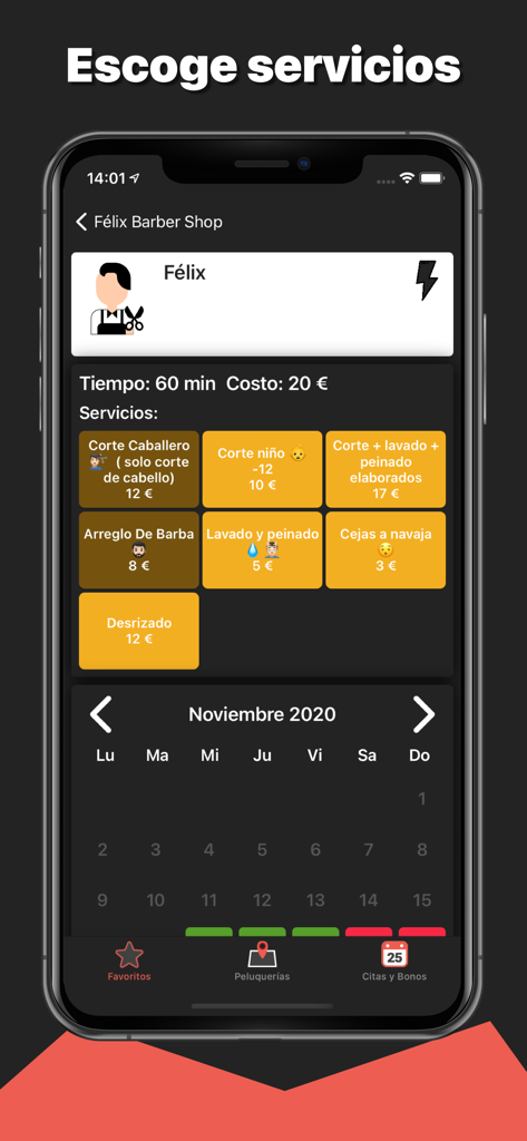 GoBarber app interface showing a list of grooming services and a calendar for booking appointments.