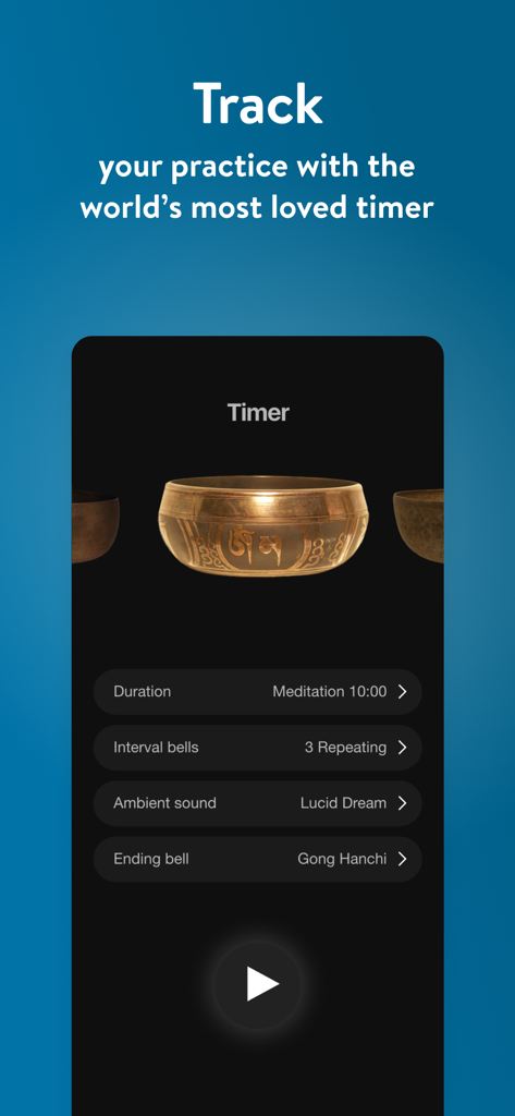 Insight Timer–Meditate & Sleep - Captura de tela do aplicativo Insight Timer mostrando seu temporizador de meditação personalizável com um ícone de tigela cantando e configurações de som