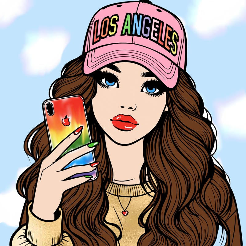 realistic beautiful girl wearing los ángeles cap holding an iphone