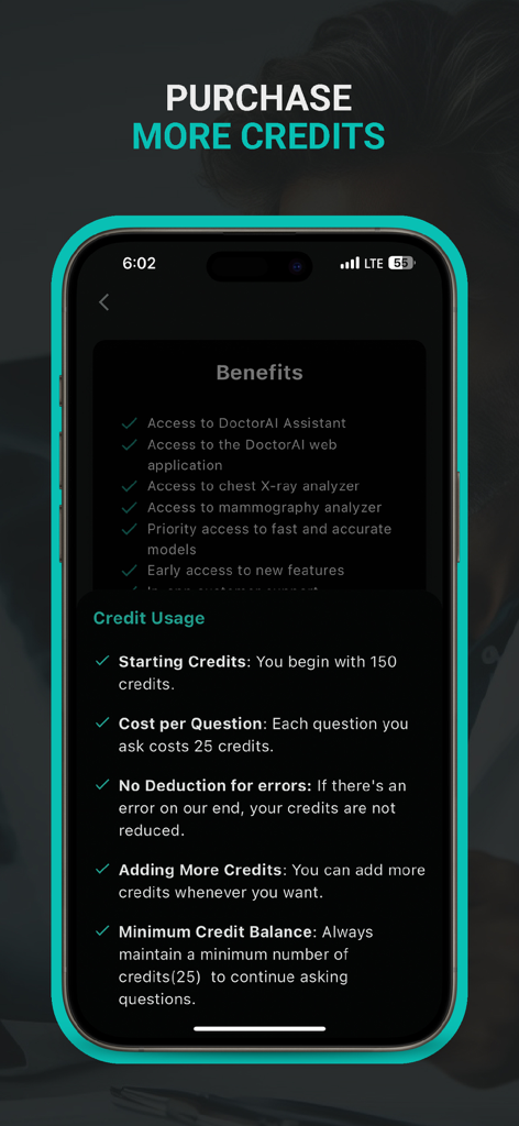A screen within the DoctorAI app displaying purchase options, service benefits, and credit usage details for medical analysis.