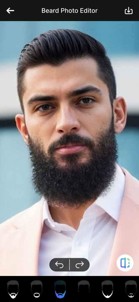 AI Bald Camera Photo Editor - Aperçu de l'interface de l'application Éditeur de Photos Barbe montrant un homme avec une barbe et divers filtres de style en bas.