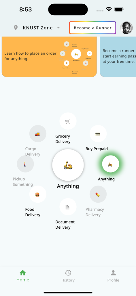Errand-Earn - Errand-Earn App Startbildschirm mit einem kreisförmigen Menü für Campus-Lieferdienste wie Essen, Lebensmittel und Dokumente.