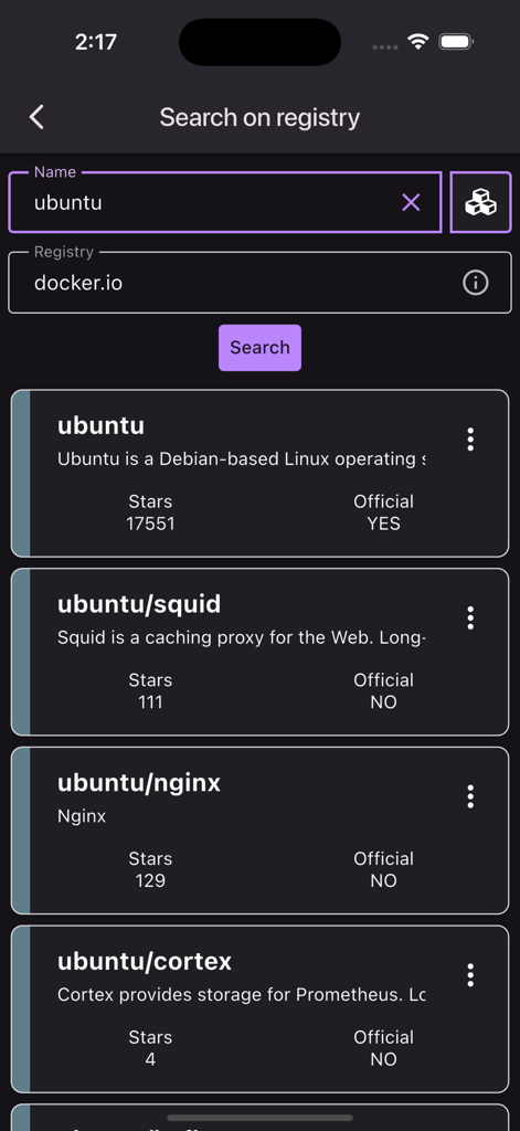 Mobile app screen showing search results for ubuntu container images on the docker registry