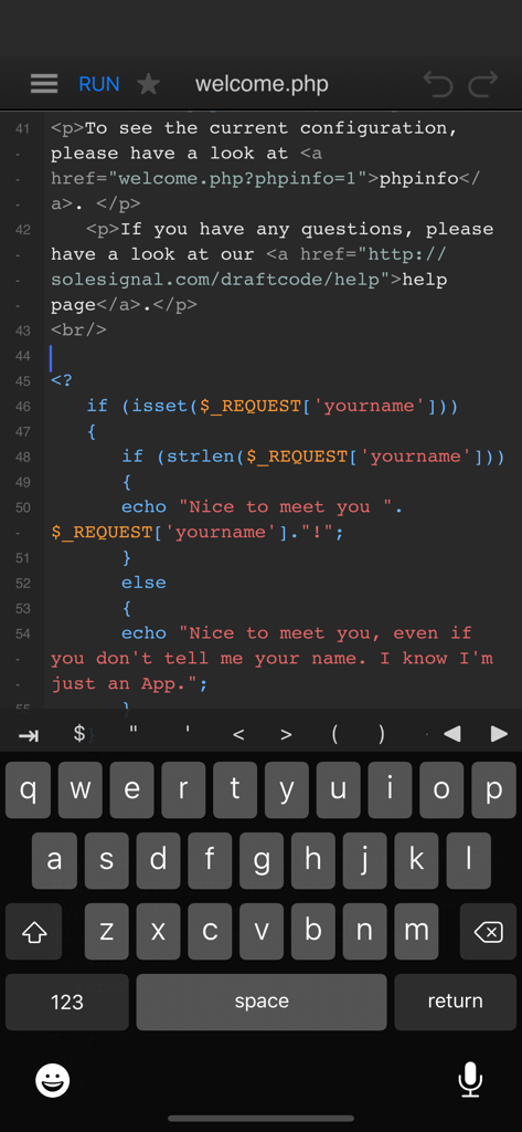 A mobile PHP code editor interface in DraftCode featuring syntax highlighting and a specialized coding keyboard
