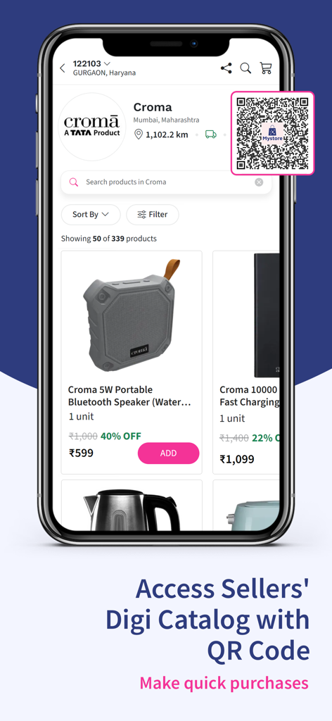 Mystore mobile app interface displaying a seller digital catalog and a QR code for quick purchases
