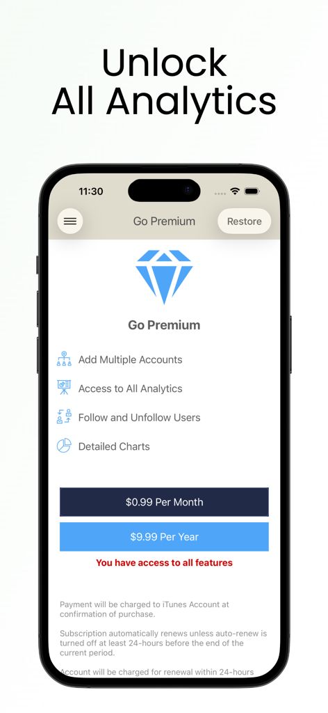 Pantalla de suscripción premium de la aplicación Followers Pro que muestra precios y funciones de análisis de redes sociales.
