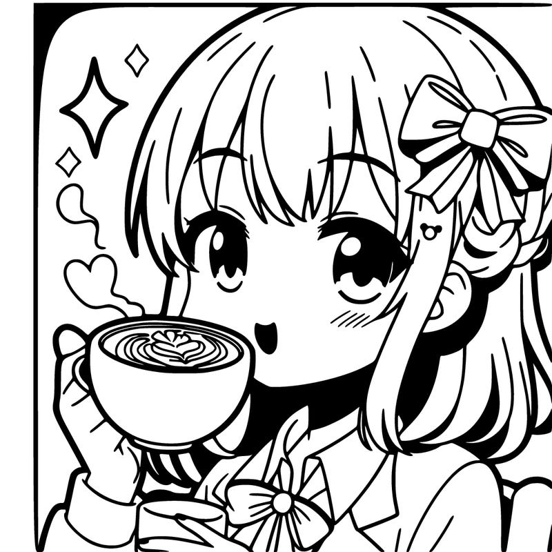 an anime girl drinking coffee