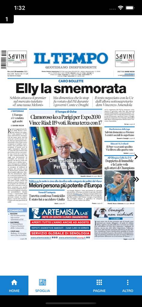 Il Tempo edizione digitale - Prima pagina dell'edizione digitale del quotidiano Il Tempo su un dispositivo mobile