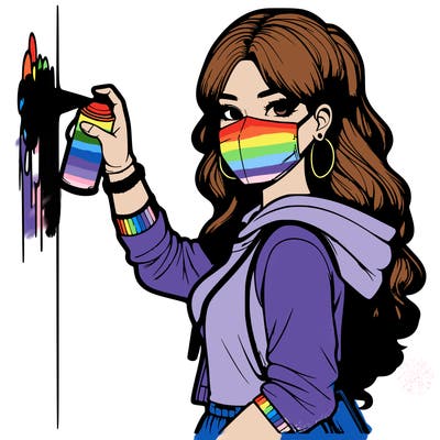 realistic girl with mask spray painting a wall