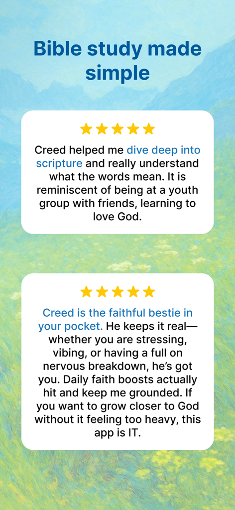 Creed: Bible Chat & Companion - Creed Bible Chatアプリの5つ星のユーザーレビュー2件。簡単な聖書研究と毎日の精神的なサポートが強調されています