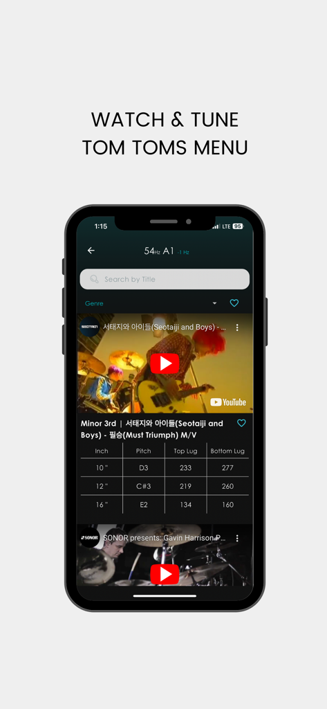 Ultimate Drum Tune - Watch and Tune Tom Toms-Menü in der Ultimate Drum Tune App, das Drum-Stimm-Voreinstellungen aus einem Video anzeigt.