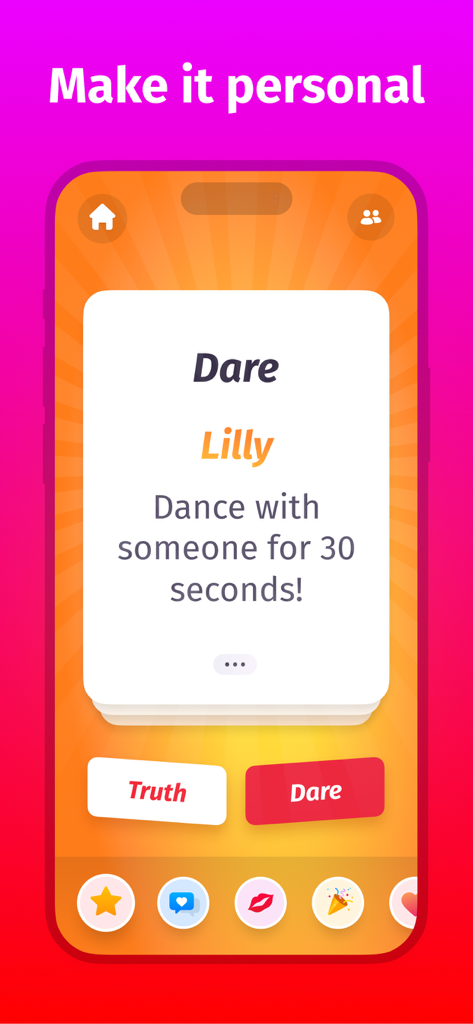 Truth or Dare Party - Truth or Dare Party app interface showing a dare prompt to dance with someone