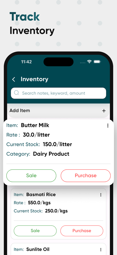 Khatabook - Credit Ledger Book - Khatabook app interface showing stock tracking for dairy products and rice with sale and purchase options