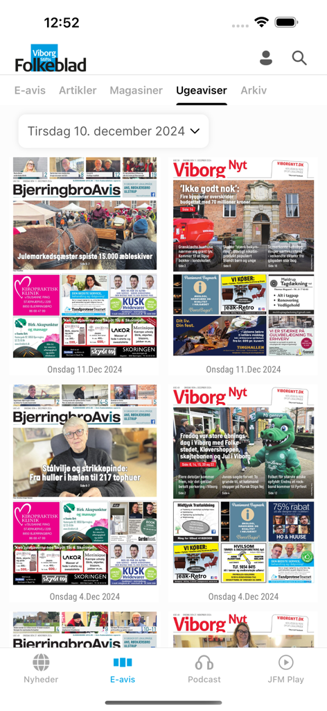 Weekly newspaper archive view within the Viborg Stifts Folkeblad mobile application