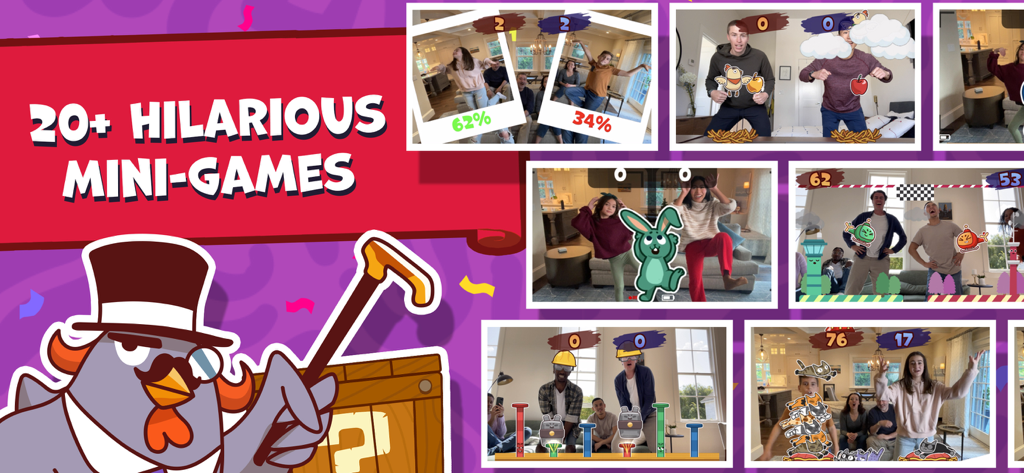 Party Fowlで、様々な動きベースのARミニゲームをプレイする人々のコラージュ