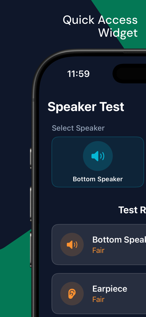 Clear Wave: Eject Water - Clear Waveアプリのインターフェース。iPhone下部スピーカーとイヤースピーカーのスピーカーヘルス診断テスト結果が表示されています。