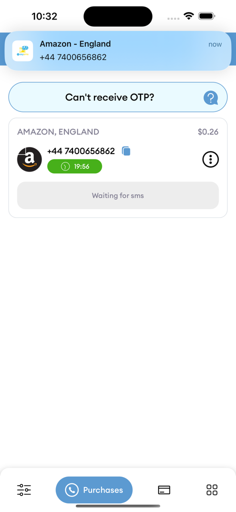 SMS Virtual app screen showing an active virtual UK number for Amazon account verification waiting for an OTP