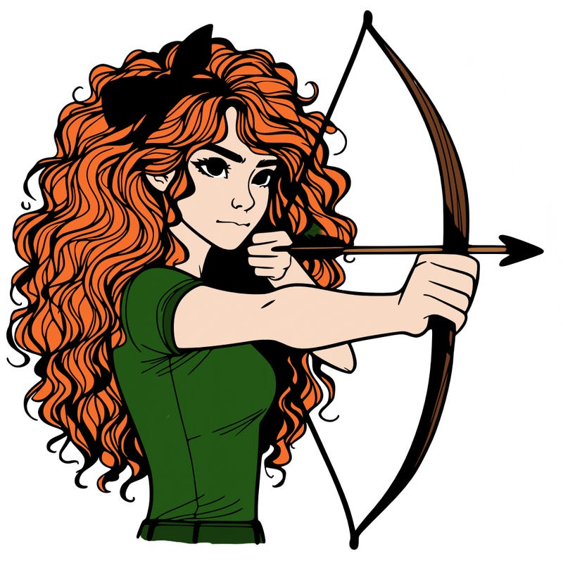 a woman with curly and messy hair using a bow to shoot arrow realistic