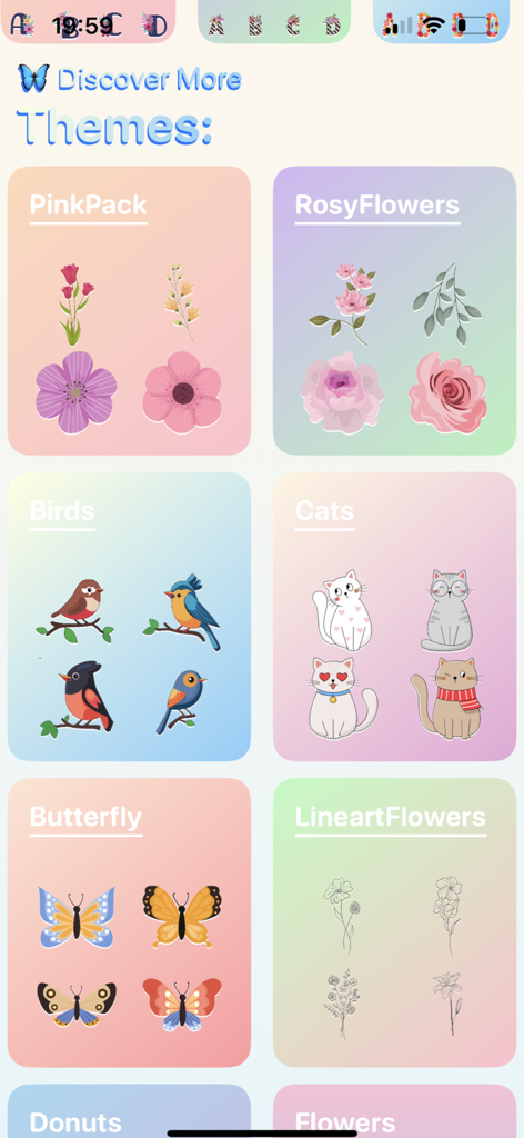 A menu display showing various aesthetic sticker themes like PinkPack RosyFlowers Birds Cats and Butterflies for custom wallpaper creation