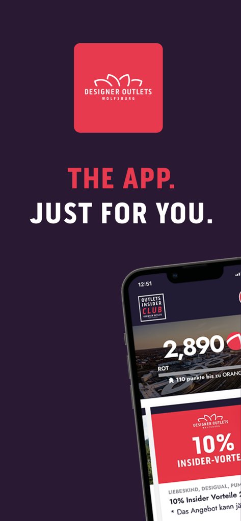 Designer Outlets Wolfsburg - Die mobile App der Designer Outlets Wolfsburg, die die Treuepunkte des Insider Clubs und exklusive Einkaufsrabatte anzeigt.