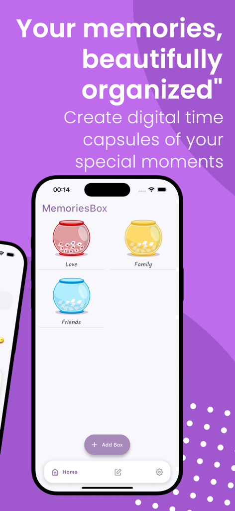 MemoriesBox - Couple Journal - MemoriesBox app home screen displaying categorized digital jars for love family and friends memories