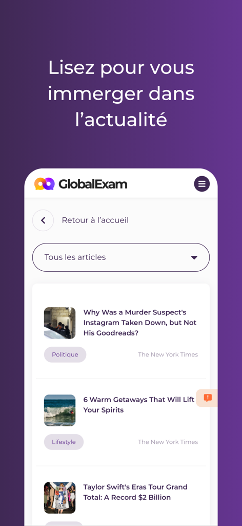 GlobalExam - Cours de langues - Écran de l'application GlobalExam montrant des articles d'actualité du New York Times pour l'immersion linguistique.