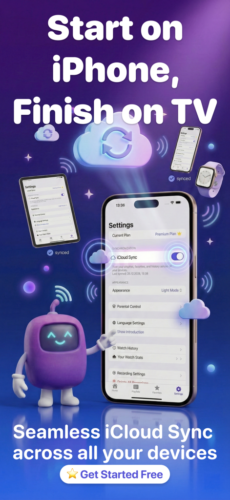 Stream Master: IPTV M3U Player - Eine Werbegrafik für Stream Master IPTV, die eine nahtlose iCloud-Synchronisierung über iPhone, iPad und Apple Watch mit einem lila Maskottchen zeigt.