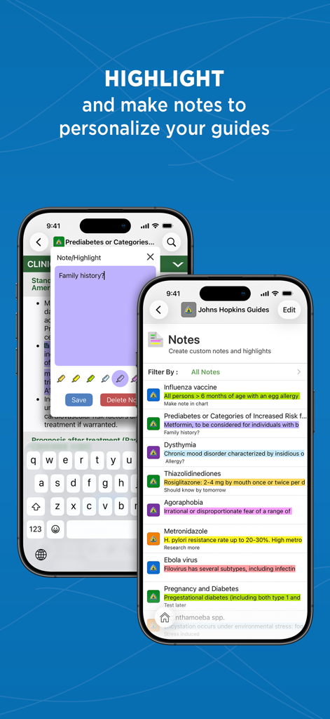 Johns Hopkins Antibiotic Guide - Mobile interface of the Johns Hopkins Antibiotic Guide app showcasing its note-taking and text highlighting features