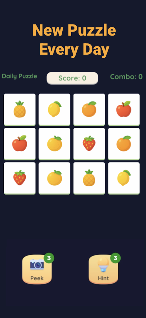 Memory Match: Focus & Recall - Daily puzzle screen of Memory Match game showing a grid of large fruit-themed cards for brain training
