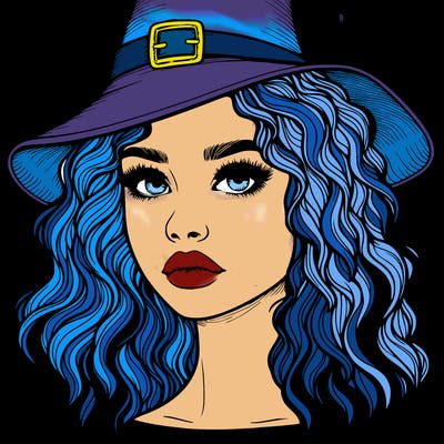 realistic girl with wavy hair a witch hat and a nose and lips and eyes