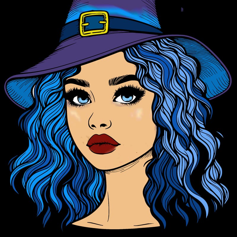 realistic girl with wavy hair a witch hat and a nose and lips and eyes