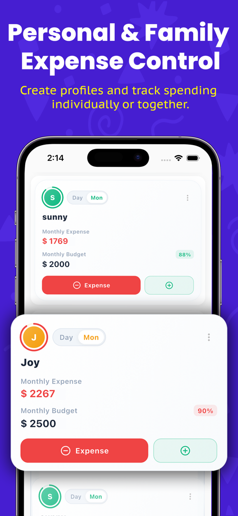 ListExpenser: Expense Tracker - ListExpenser app interface showing personal and family monthly expense and budget tracking across multiple profiles.