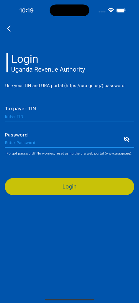 AskUra - Login screen for the AskUra Uganda Revenue Authority app showing taxpayer TIN and password input fields.