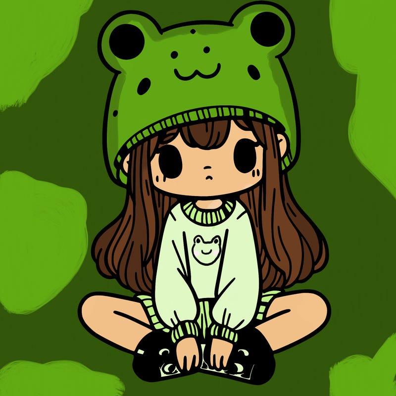 a girl wearing a frog hat and some frog socks