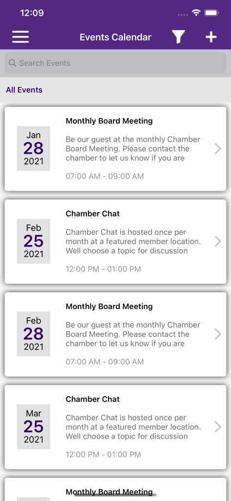 MemberPlus - Ereigniskalender-Oberfläche in der MemberPlus-App, die Sitzungen des Handelskammer-Vorstands und Networking-Veranstaltungen anzeigt.