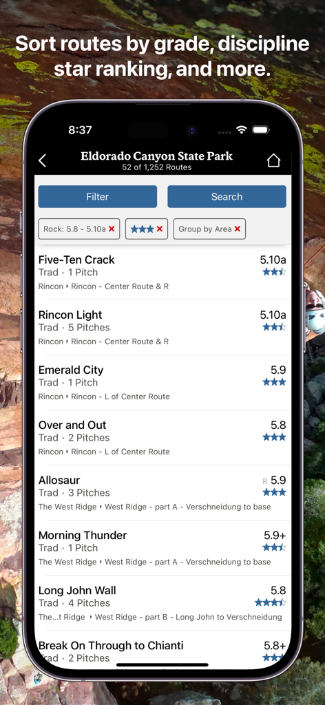 Mountain Project app screen showing filtered climbing routes by grade and star ranking for Eldorado Canyon State Park.