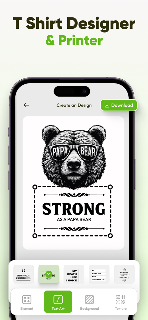 T-Shirt Designer & Printer - Papa Bearグラフィックデザインとテキストスタイリングツールを示すTシャツデザイナーアプリのインターフェース