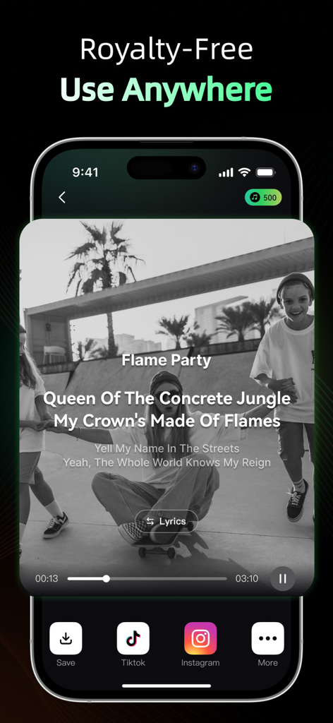 Interfaz de la aplicación Oyamuse que muestra una canción generada con opciones de compartir libre de derechos para TikTok e Instagram