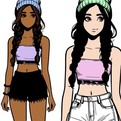 a teenage girl with a crop top and jean shorts with braided hair and a beanie