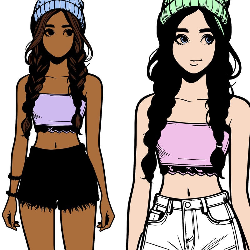 a teenage girl with a crop top and jean shorts with braided hair and a beanie