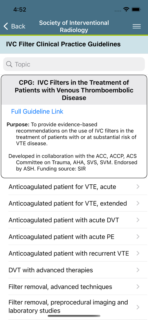 IVC Filter clinical practice guidelines on the SIR mobile app