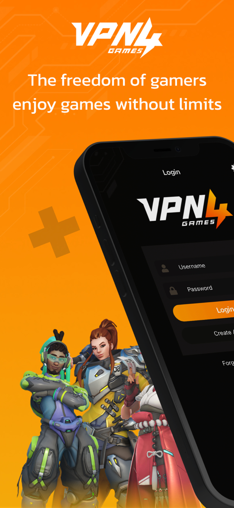 VPN4Games - VPN Proxy Games - Smartphone displaying VPN4Games login screen with game characters background