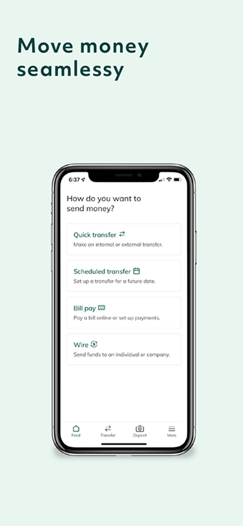 Grasshopper Bank Business - Grasshopper Bank mobile app displaying business transfer and payment options