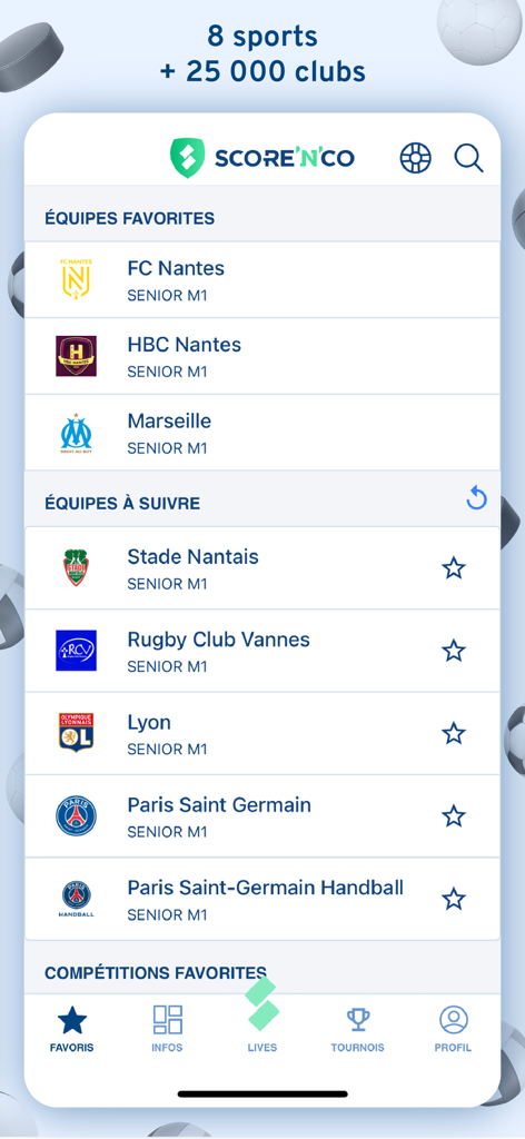 Score'n'co - Sport en direct - Score n co mobile app interface displaying a list of favorite French sports clubs and teams